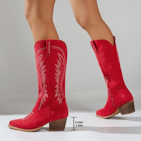 ⚡Women's Red Solid Color Suede Embroidered Side Zipper High Heeled Boots - Picture 5 of 7